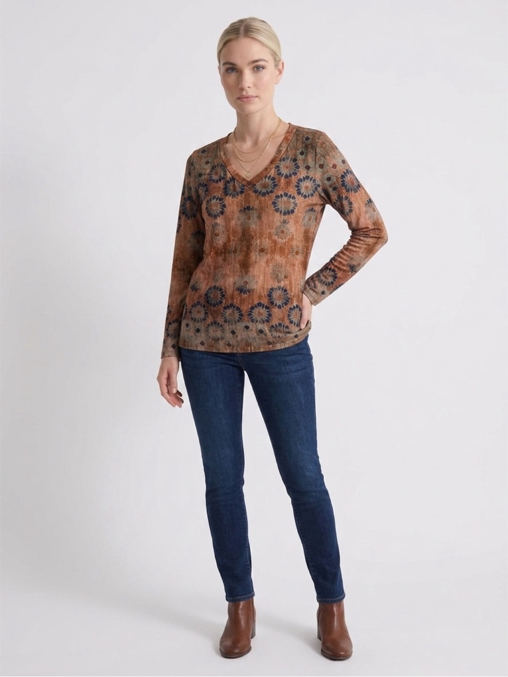 Brown V-Neck Floral Tie-Dye Print Long Sleeve Top